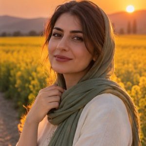 برش تصویرسازی پرتره در نور گرم عصر کنار مزرعه کلزا