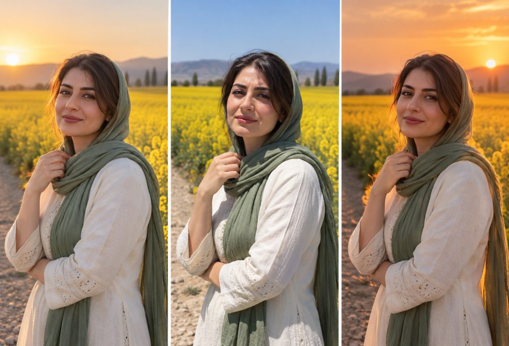 تصویرسازی مقایسه نور صبح، ظهر و عصر برای پرتره در مزرعه کلزا