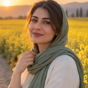 برش تصویرسازی پرتره در نور صبح کنار گل‌های کلزا