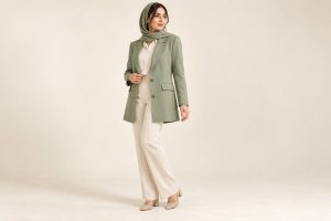 تصویرسازی مدلینگ لباس با کت سبز و شلوار روشن در ژست ایستاده سه‌رخ